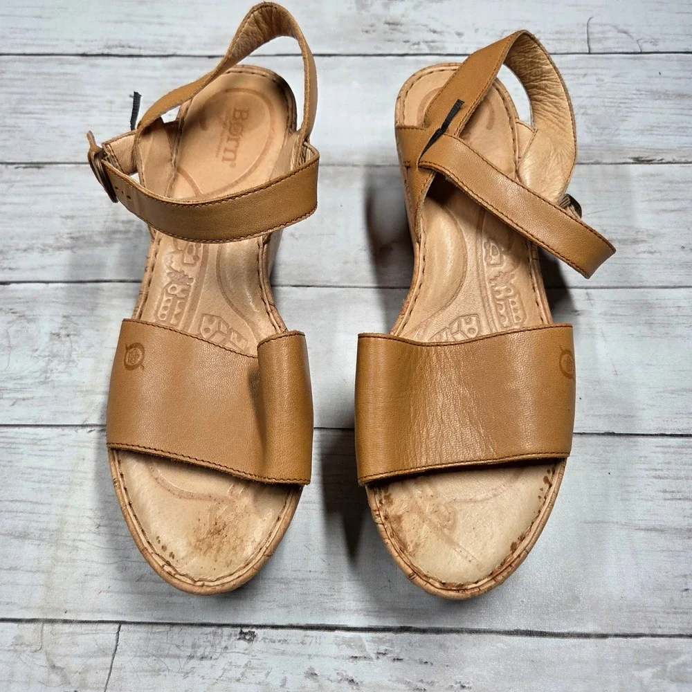Born B81592 Platform Wedge Sandals Strappy Women 10 Tan Leather Cork